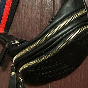 Large Black Cross body bag with black and red strap
